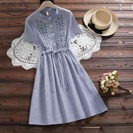 Womens Blue Flower Embroidered Dresses Fashion Women Short Sleeve Summer Dress S-XXL Cotton Vintage Vestidos 3672 50 210417