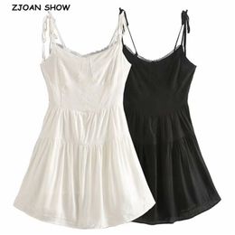 Vintage Summer Spliced Lace Spaghetti Strap Short Dress Retro Sexy Women Tie Bow Lacing up Sling Dresses Holiday 210429