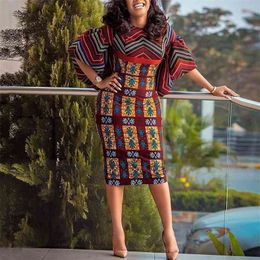 African Dresses For Office Lady Fashion Africa Printed Half Sleeve Bodycon Mid Calf Elegant Work Business Midi 210510