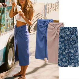 Za High Waist Print Ruched Summer Skirt Women Textured Knot Vintage Midi Blue s Woman Chic Back Zip Slit Elegant 210629