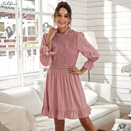 Autumn Fashion Pink Dress Women's Casual Petal Long Sleeve Hight Waist A line Turtleneck Ladies Dress Party Vestidos Female 210415