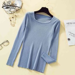 Autumn Knitted Elegant Women Sweaters Fashion Casual Clothing Soft Tops Long Sleeve Square Collar 6154 50 210508