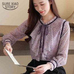 Shirts Hollow Spring Fashion Bow Long Sleeve Flower Chiffon Temperament Purple Women Tops and Blouses 8468 50 210417