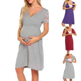 Maternity Clothes Womens Nursing Nightgown Pregnancy Dress Lace Splice Maternity Dress Maternity Pajamas For Pregnant Women 2021 G220309