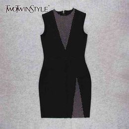Black Patchwork Diamond Party Dress For Women O Neck Sleeveless High Waist Mini Bodycon Dresses Female Spring 210520
