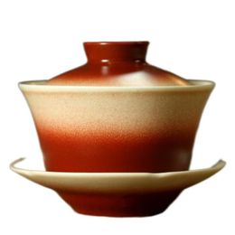 Antique gaiwan cup retro ceramic teacup cover bowl, coral black jade red glaze three-handed tea tureen