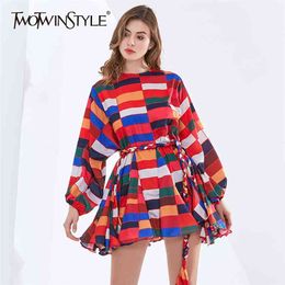 Colorful Hit Color Dress For Women Lantern Sleeves High Waist Belt Loose Oversized Dresses Female Spring 210520