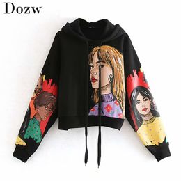 Streetwear Character Print Hooded Hoodies Women Long Sleeve Loose Black Sweatshirts Pullover Tops Autumn Spring Sudadera Mujer 210414