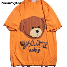 Men Hip Hop Streetwear Orange T-Shirt Cute Bear Print Tshirt Harajuku Cotton Loose Summer Short Sleeve T Shirt Tops Tee 210601