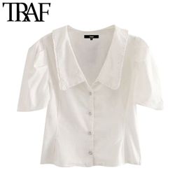 Women Sweet Fashion Button-up White Cropped Blouses Vintage Lapel Collar Short Sleeve Female Shirts Chic Tops 210507