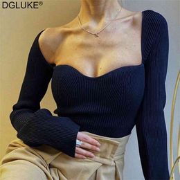 Autumn Women's Sweater Square Collar Long Sleeve Knitted Sweater Pullover Jumper Fashion Elegant Knit Top White Black 210918