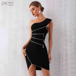 Summer Women Bandage Dress Sexy One Shoulder Zipper Black Clubwear Vestidos Celebrity Evening Party es 210423