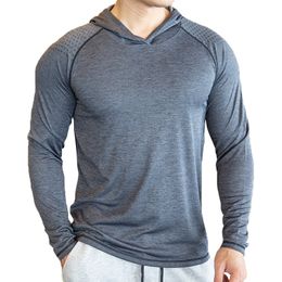 Autumn Gym breathable Men Casual Long Sleeve Slim Tops Tees elastic Sports Fitness Quick dry Hooded T Shirt