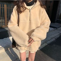 autumn and winter Korean style vintage lamb fur thicking hoodies womens loose sweatshirts and pullovers (X1236) 210423