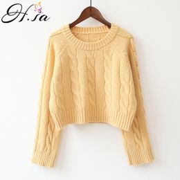 H.SA Autumn Winter Women Twised Sweater and Pullovers Solid Colour Yellow Beige Crop Jumpers Korean Knit Jumper Pull Femme 210417