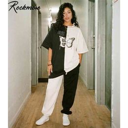 Rockmore Plus Size Tshirts women Contrast Color Butterfly Print Streetwear T-shirts Ladies Short Sleeve O-Neck Harajuku Shirts 210406