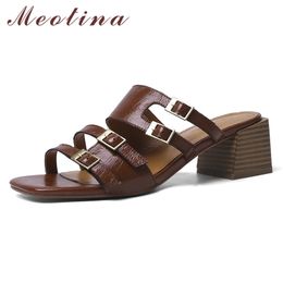 Buckle Natural Genuine Leather High Heel Slippers Women Shoes Square Toe Narrow Band Slides Thick Heels Sandals 210517