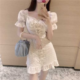 Summer French Retro Flower Embroidery Dress Sexy Lace Up Bandage Waist slimming Dresses 210529