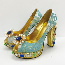 Pearl Ladies diamond embroider CM Chunky high heel Dress shoes SANDALS flatform open peep toes Euro ea