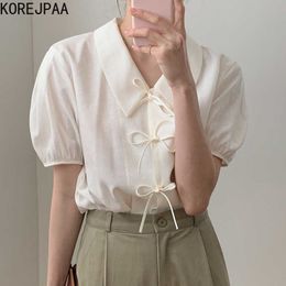 Korejpaa Women Shirt Summer Korean Chic Ladies Minimalist Niche Lapel Tie Bow Design Loose Solid Colour Puff Sleeve Blouses 210526