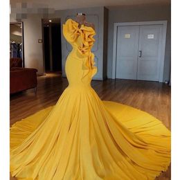 Saudi Arabic Yellow Mermaid Prom Dresses Special Designed Ruffles Long party Gowns vestaglia donna Vestidos de gala Elegant Evening Dress