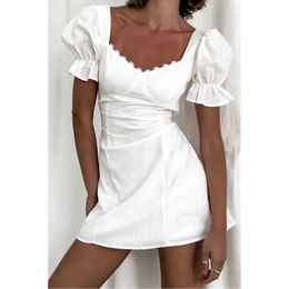 Summer Women Mini Short Sleeve White Crochet Tunic Beach Dress 210415