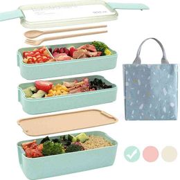Food/Bento Box Healthy Material Lunch Box 3 Layer Wheat Straw Wheat Straw Leakproof Microwave Safety BPA free Kids Lunch Contain 210925