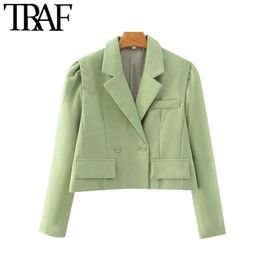 TRAF Women Fashion Double Breasted Cropped Blazer Coat Vintage Puff Long Sleeve Pockets Female Outerwear Chic Tops 210415