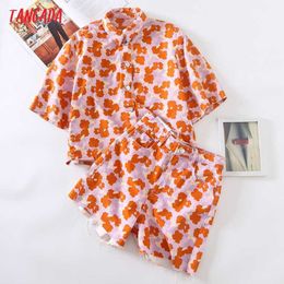 Tangada Chic Pink Floral Print Suit Women Shorts Set Fashion Suit 2 Piece Set Tracksuit Sets 6H104 210609