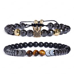 Natural Labradorite Adjustable Bracelets Crown Set Energy Real Hematite Bangle Men Polished Black Stone Beads Bracelet