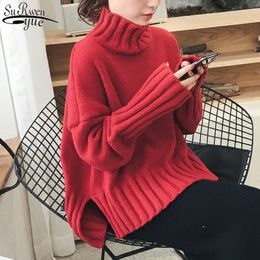 Autumn and Winter Red Loose Long Sleeve Women's Turtleneck Korean Fashion Sweet Split Solid Sweaters Pullover 11860 210427