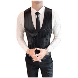 Men's Vests M-3XL Double Breasted Casual Tuxido Vest Wedding Men Fashion Sleeveless Striped Mens Clothing Officewear Workout XXXL