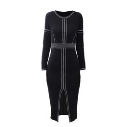 PERHAPS U Black And White O Neck Full Long Sleeve Geometric Knitted Knee Length Pencil Split Autumn Winter Dress Elegant D0753 210529