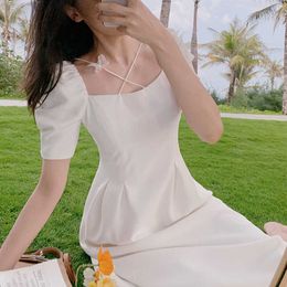 Elegant White Fairy Dress Puff Sleeve Designer Women Retro Long Summer Korean Ladies Wedding Party Clothing 210604