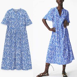 ZA Floral Print Oversized Long Dress Women Short Sleeve Ruffle Blue Summer Dresses Woman Chic Loose Pleated Elegant Dress 210602