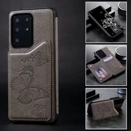 Shockproof Phone Cases for Samsung Galaxy Note20 S21 S20 Ultra Note10 Plus Butterfly Embossing PU Leather Kickstand Protective Case with Cards Slots