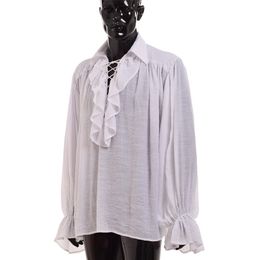 Vintage Mediaeval Shirt Men Renaissance Scottish Colonial Ruffles Jabot Poet White Black Blouse Long Sleeve Pirate Shirts 210721