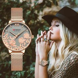 CURREN Fashion Simple Women Watch Flower Stainless Steel Glassy Quartz Ladies Wristwatch Silm Casual Waterproof Female Clock 210517