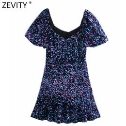 Zevity Women High Street Sexy V Neck Sequined Mini Dress Female Chic Side Zipper Ruffles Vestido Club Party Clothing DS4948 210603