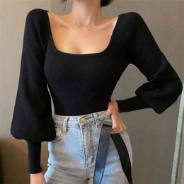 Autumn Winter Korean Fashion Square Collar Women Pullovers Sweater Harajuku Knitted Crop Top Lantern Sleeve Pull Femme 210514