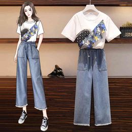 Casual Cotton T-Shirt Denim Suits Female Two Piece Pearls Ruffles Patchwork Print Top Tee+Wide Leg Pants Jean Pant Set 210416