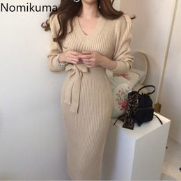 Nomikuma Knitted Bodycon Dress Women V Neck Long Sleeve Vestidos Femme Split Solid Colour Slim Sweater Dresses High Waist 3d629 210514