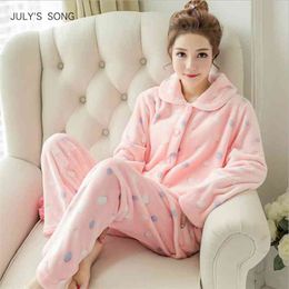 JULY'S SONG Winter Pyjamas Set Women Sleepwear Warm Flannel Long Sleeves Pink Cute Animal Homewear Thick Home Suit 210830