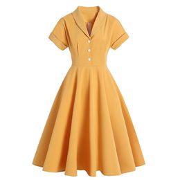 Women Summer Vintage French Style Dress Yellow Fresh Sweet Mid-length V-neck Plus Size Slim Dresses Female LR1325 210531