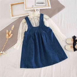 Gooporson Fall Girls Outfits Lace Transparent Long Sleeve Top&overalls Fashion Korean Clothes Little Children Clothing Set G220310