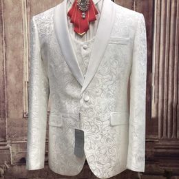 Wedding Suit For Men 2020 Groom White Jacquard Tuxedos Double Breasted Vest Solid Colour Pants Party Ball High Taste Clothing X0909