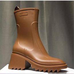 Kış Bayan Topuklu Rainboots Yarım Çizmeler Ayakkabı Tıknaz Med Topuklu Kare Toes Ayakkabı Zip Kadınlar Topuk Orta Buzağı Booty Aşınmaya Dayanıklı Kalın Soled Botlar