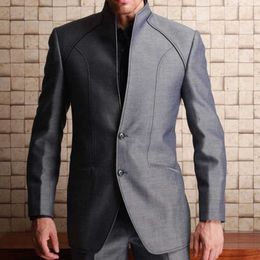 2 piece Tunic Men Suits with Stand Collar Custom Wedding Tuxedo for Groom Gray Business Man Fashion Costume Jacket with Pants X0909