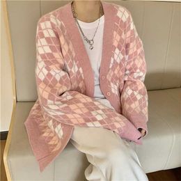 Ladies Cardigans Long Sleeve Knitted Argyle Sweater Women Korean Pink Vest Sweaters Female Jumpers Cardigan Jacket with Buttons Y0825