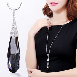Women Long Necklaces Pendants Fashion Silver Color Crystal Waterdrop Necklace Choker Collier Sweater Chain Jewelry